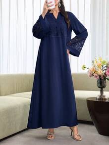 Al Najma Spring/Summer Fashion V-Neck Flared Sleeve Patchwork 3D Embroidered Lace Trim Full Skirt Dress - Navy Blue - View 3