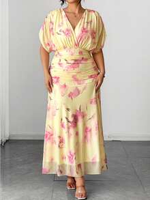 Elenzga Plus Size Summer Elegant Celestial Floral Print Dress Wedding Party Formal Yellow - Multicolor - View 6