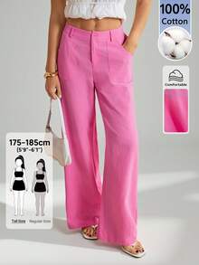 SHEIN Tall 100%水洗棉低腰直筒工裝褲，適合高個女性 - 玫紅色 - 查看 3