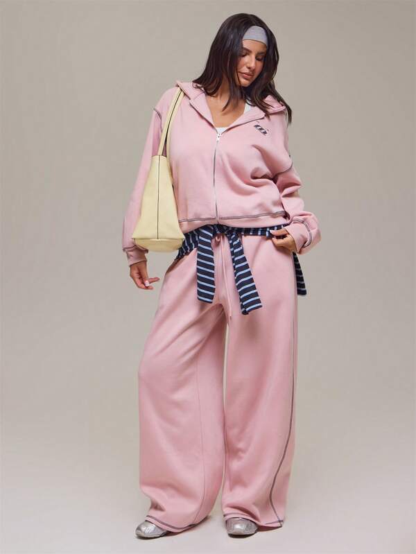 MUSERA Plus Size Pink Chunky Stitch Wide Leg Joggers Winter Fall Autumn Casual Top Day Outfit Comfy Outfit Cool