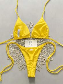 Swim Vcay 2件組女款白色比基尼泳衣套裝，附手工編織繩飾 - 黃色 - 查看 2