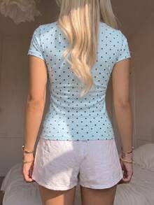 CovetEZ Casual French Minimalist Sexy Light Blue Polka Dot Short Sleeve T-Shirt, Suitable For Spring And Summer, Brunch - Baby Blue - View 2