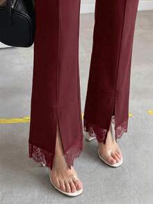 Editum 夏季優雅女款黑色開衩蕾絲拼接針織彈性高腰長褲內搭褲，通勤穿搭、辦公職場穿著、約會穿著，可搭配各種上衣的多功能長褲 - 酒紅色 - 查看 5