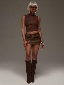 Normani 夏季/秋季節慶派對舞會畢業舞會休閒度假鄉村風 Y2K 女款棕色復古性感豹紋金屬裝飾迷你裙 - 棕色 - 查看 6