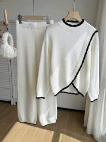SHEIN Tween Girls 2pcs Sweater Set, Minimalist Black & White Color Block Half-High Neck Sweater & Pants, Striped Loose Slouchy Knit Pullover, Autumn/Winter New Base Layer Innerwear & Outerwear Round Neck Sweater - White - View 4