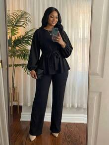 SHEIN Lady CURVE Plus Size Women Solid Color Lantern Sleeve Blouse And Pants Casual 2 Pieces Set - Black - View 4