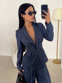 SHEIN PETITE Blazer Bergaris Biru Tua yang Bergaya dan Kasual untuk Wanita Bertubuh Mungil - Sempurna untuk Perjalanan Sehari-hari. - Navy Blue - View 3