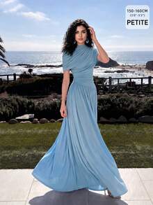 Anewsta Petite Women's Petite New Spring/Summer Elegant Vintage Ruched Fitted Draped Bodycon Waist-Cinching Long Dress For Party, Gathering, Banquet, Vacation - Blue - View 1
