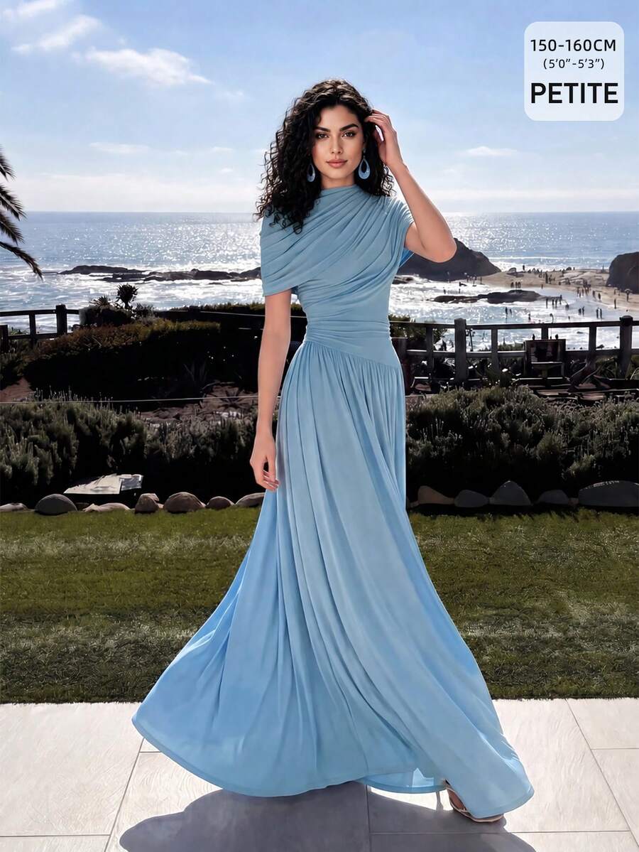 Anewsta Petite Women's Petite New Spring/Summer Elegant Vintage Ruched Fitted Draped Bodycon Waist-Cinching Long Dress For Party, Gathering, Banquet, Vacation - Blue - View 1