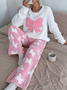 Napfluff Women's Sweet Cute Embroidered Bow Round Neck Long Sleeve Long Pants Pajama Set 2pcs - Pink - View 4