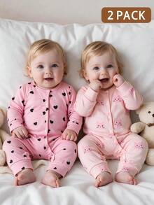 SHEIN Playful Pals 2件組新生女嬰秋冬款粉黑愛心卡通貓長袖連身衣套裝，親子套裝 - 彩色 - 查看 4