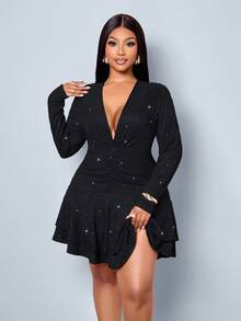 SOLERSUN Plus Size Women's Fashion Elegant Black Sequin Textured Fabric Ruched Fitted Mini Dress With Deep V-Neck, Long Sleeves, Layered Ruffle Hem And Asymmetrical Design, Suitable For Daily Commute, Party, Date, Vacation And Back To School Wear - Black - View 2