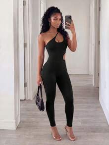 BamGleam Sexy Solid Color Hollow One Shoulder Fitted Sports Jumpsuit - Black - View 5