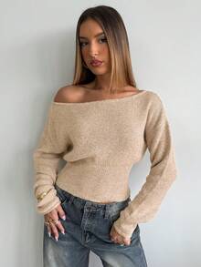 Aloruh Women's Solid Color Asymmetrical Shoulder Casual Daily Long Sleeve Sweater - Apricot - View 5