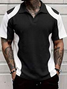 Gym Rark Two-Tone Black White Wave Color Block Polo Tee For Men, Full Waffle Textured Breathable Fabric, Notched V Collar Relaxed Fit, Versatile Business Casua - Multicolor - View 2