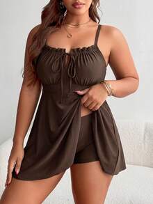 Swim Lushoire 女款大尺碼荷葉邊前綁帶泳裙與比基尼泳褲套裝 - 棕色 - 查看 5