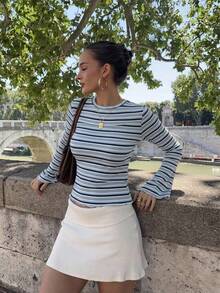 SHEIN Frenchy Maglietta da donna a righe con blocchi di colore, plissettata, casual, versatile per uso quotidiano, con maniche a campana - Multicolore - Visualizzare 6