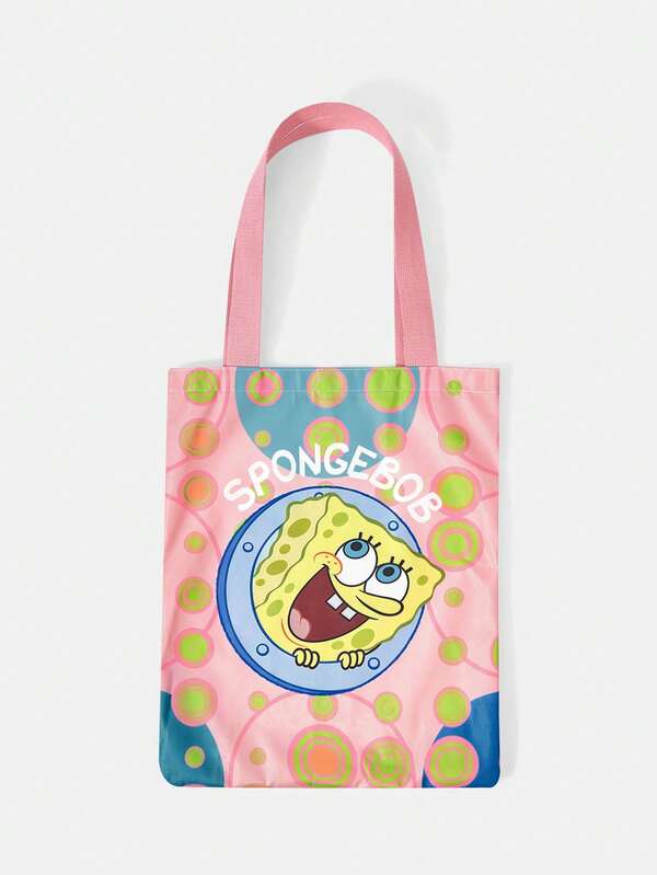 SpongeBob SquarePants | SHEIN Cartoon Print Tote Bag, Large Capacity Casual Handbag, Suitable For Commuting, Shopping, School, Travel And Daily Use