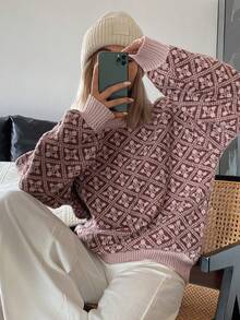 DAZY Women's Loose Fit Floral Jacquard Long Sleeve Lantern Sleeve Casual Vacation Spring/Autumn Pullover Knit Sweater - Pink - View 1