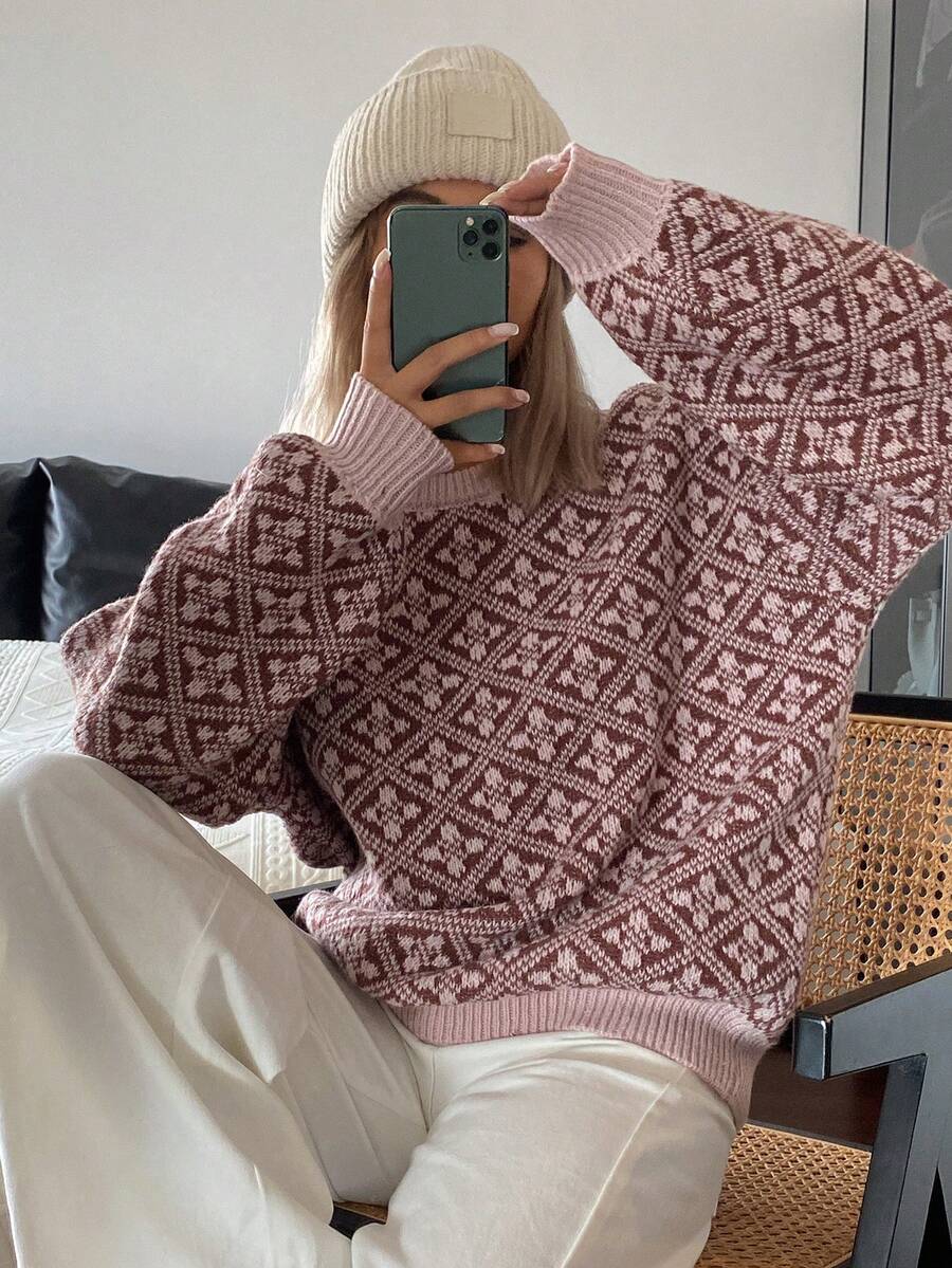 DAZY Women's Loose Fit Floral Jacquard Long Sleeve Lantern Sleeve Casual Vacation Spring/Autumn Pullover Knit Sweater - Pink - View 1