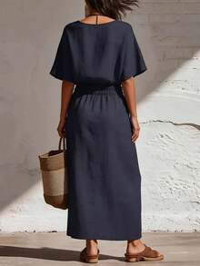 Trelyra Essential Summer Loose Cotton Shirt Dress - Waistdefined Casual Vacation Dress - Navy Blue - View 2