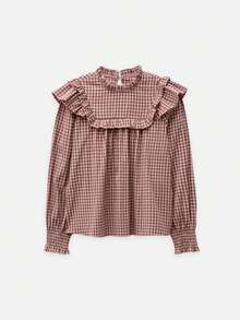 Nöista Light Brown Plaid Top Ruffles, Loose-Fitting Straight Cut, Sweet,Cute, Ruffled . Comfortable, Everyday Wear  Casual, Youthful Vibe.Fall/Winter,. - Pink - View 7