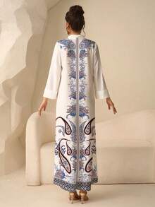 Al Najma Women's Elegant Modest Matching White Printed Dress With Small Stand Collar Shallow V-Neckline Foldable Cuffs Large Hem Floral Pattern Formal Winter - White - View 2