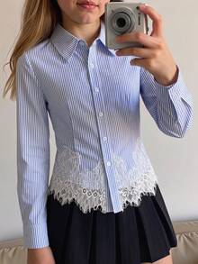 SHEIN Tween女孩優雅蕾絲裝飾返校百搭款 - 藍白色 - 查看 14