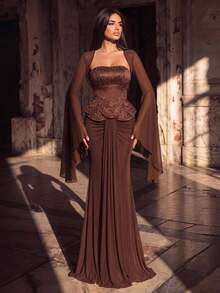 Glamrae Elegant Luxurious Glossy Satin Strapless Fishtail Maxi Dress Rhinestone Embellishments Handmade Beading Novel Design High Wedding Brown Winter - Coffee Brown - View 6