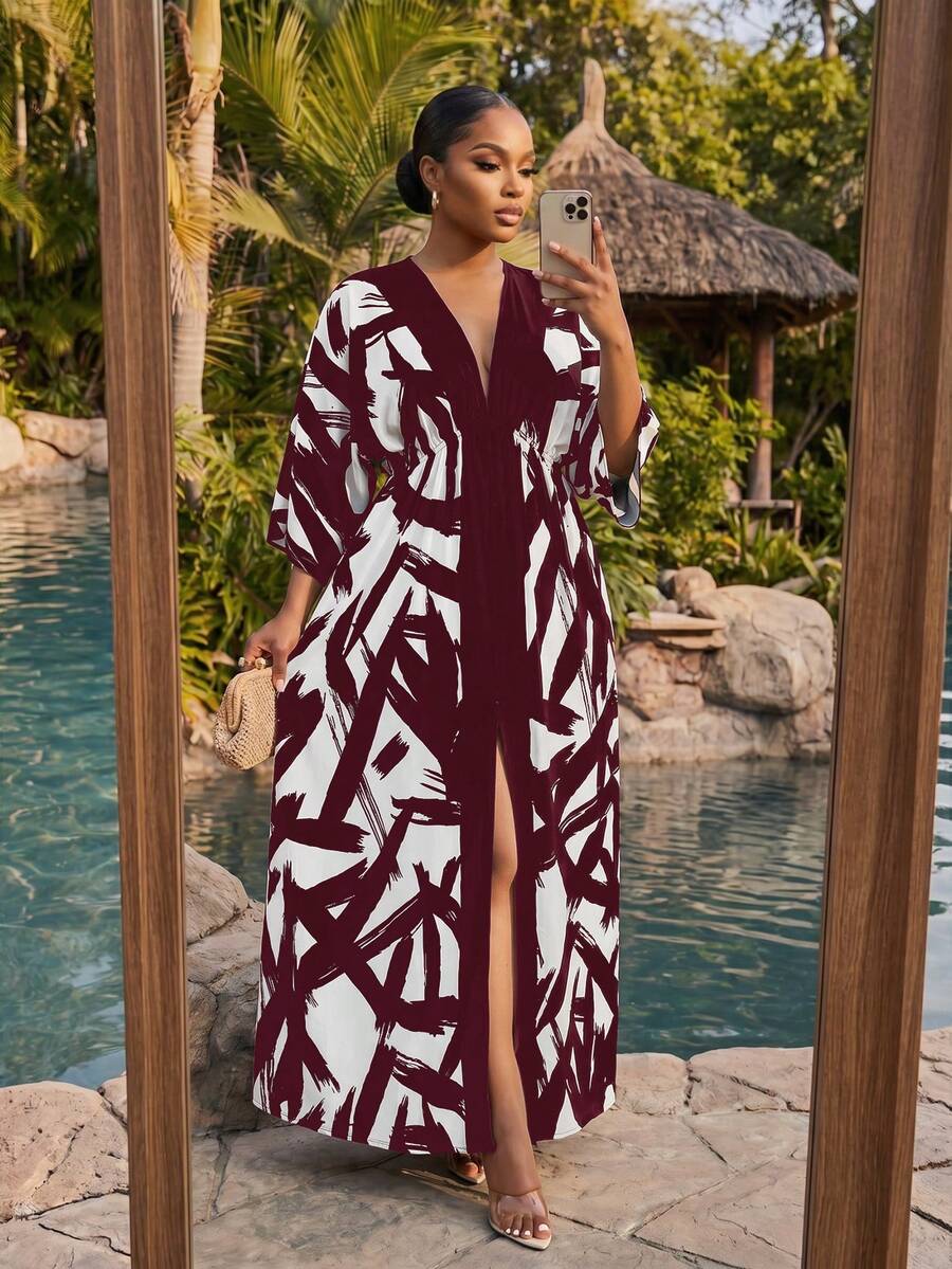 SHEIN Lady Plus Size Vacation Fashion All-Over Print High Slit Dress - Burgundy - View 1