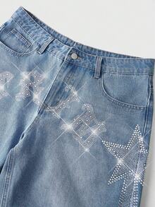 ROMWE MEN Street Life Men's Rhinestone Letter Pocket Casual Denim Shorts - Blue - View 2