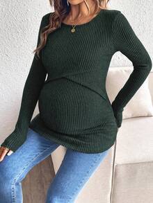 SHEIN Maternity Solid Color Round Neck Ribbed Nursing Long Sleeve T-Shirt - Army Green - View 3