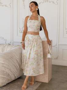 Andrea Bello Women's Ditsy Floral Backless Top And Skirt Set, Summer Outfit Elegant - Apricot - View 5