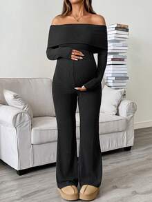 SHEIN Maternity Solid Color Vacation Cold Shoulder Flared Leg Jumpsuit Fall Fall/Winter Casual Women's Gym Clothes - Black - View 4