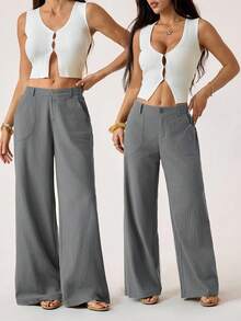 SHEIN PETITE 100% Washed Cotton Low Waist Straight Pants ,Petite Women - Grey - View 6