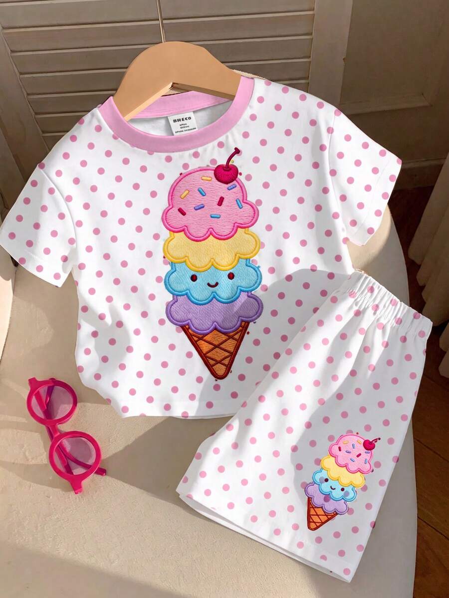 Ensemble T-shirt à col rond et manches courtes & leggings ajustés pour bébé fille, style minimaliste décontracté mignon, motif glace d'été, imprimé pois rose, style crème douce, style vacances, convient pour le printemps/été, graphique, confortable, ensembles de tenues pour filles, Y2K, Kawaii - Multicolore - Voir 1