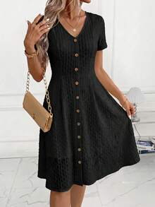 SHEIN Clasi Jacquard Front Button Dress, Suitable For Daily Wear - Black - View 3