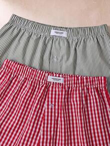 EverLounge 2pcs/Set Men's Elastic Waist Plaid Casual Harem Pants, Versatile For Summer Red Polka Dots Grey - Multicolor - View 5