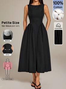 SHEIN PETITE Women's Solid Color Pleated Casual Party Dress - Black - View 1