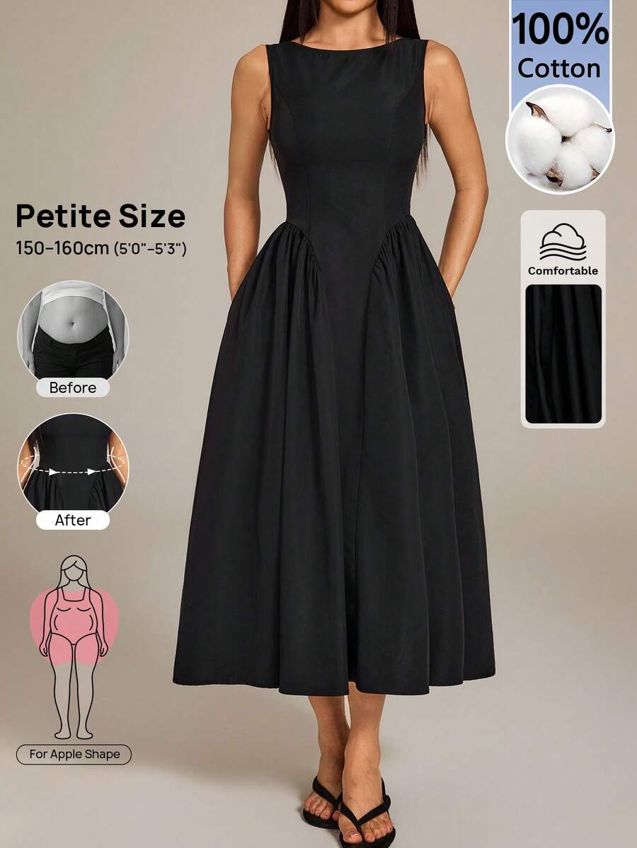 SHEIN PETITE Women's Solid Color Pleated Casual Party Dress - Black - View 1