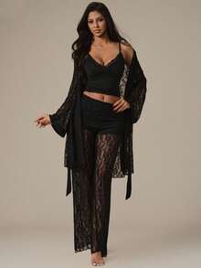 Lumalex 3pcs Sexy Lace Robe, Sweetheart Collar Camisole & Lace Pants Women Sleepwear Set - Black - View 8