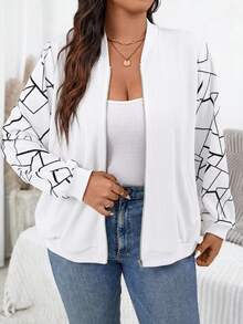 SHEIN Essnce Plus Size Autumn Casual Printed Patchwork Jacket Fall - White - View 5