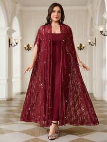 Reflora Conjunto de 2 piezas de vestido bata largo de encaje transparente con decoración de cuentas para tallas grandes - Rojo - Ver 9