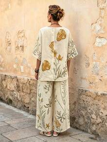 Balvessa Bohemian Boho Style Elegant Linen 2 Pieces Set Round Neck Design Long Pants Digital Print Brunch Vacation Beige Summer - Khaki - View 2