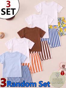 3 Random Set,Letter Print Crew Neck Short Sleeve Top And Matching Print Shorts Outfit Set For Outdoor Activities,School Clothes - Multicolor - View 2