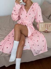 SHEIN Women's Winter Plush Pink Plaid Cherry Print Hooded Robe - Pink - View 6