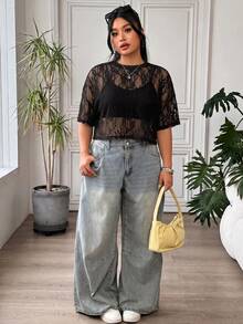 SHEIN EZwear 大尺碼女款刺繡優雅透視T恤，適合度假與派對 - 棕色 - 查看 5