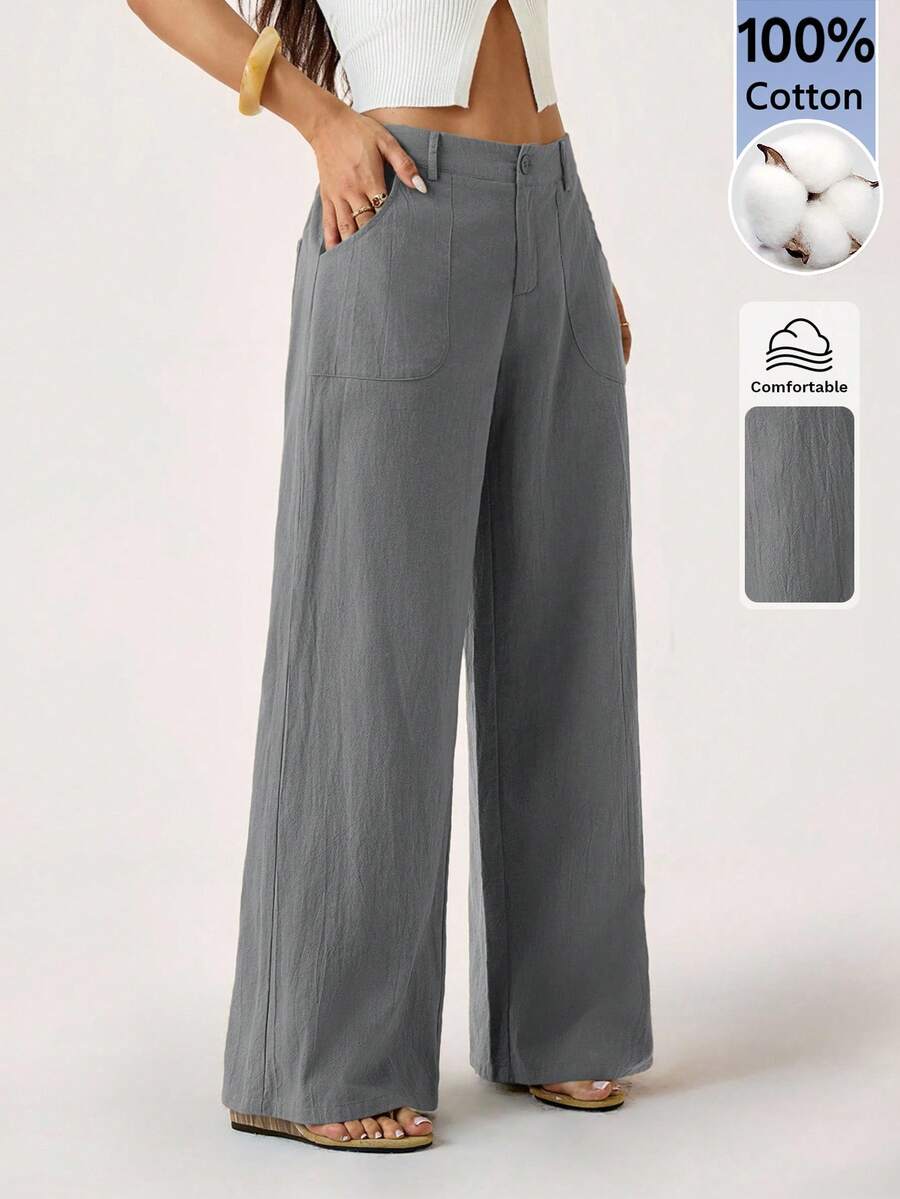 SHEIN PETITE 100% Washed Cotton Low Waist Straight Pants ,Petite Women - Grey - View 1