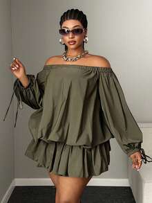 Maweii Plus Size Women Solid Color Off-Shoulder Ruched Casual Daily Summer Dress - Army Green - View 5