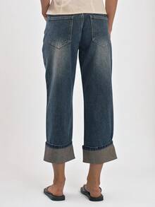 MUSERA Mid Rise Straight Leg Jeans With Folded Cuff Detail Summer Casual Everyday Girly Y2K Soft Social - Dark Wash - View 4